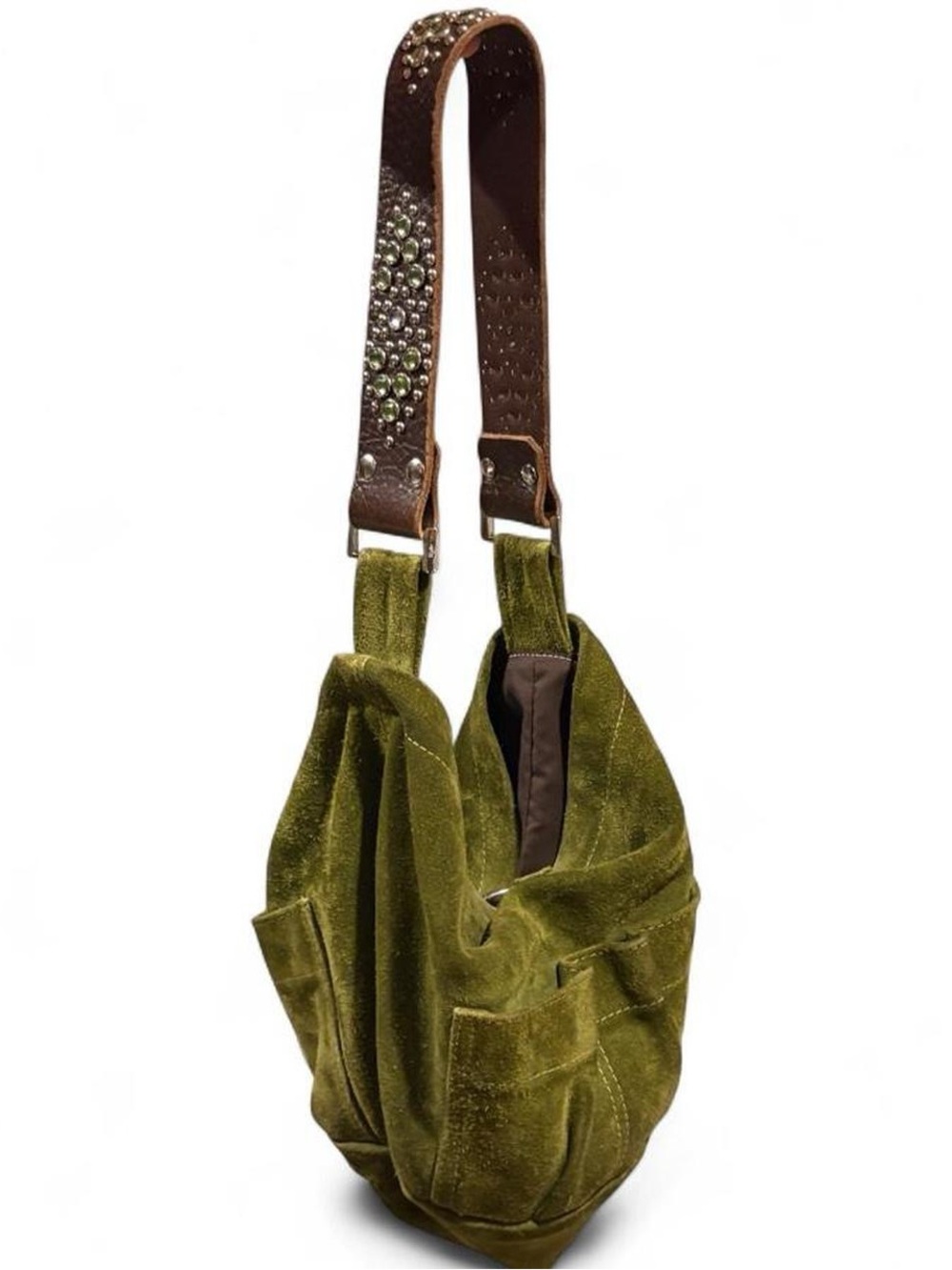 Tylie Malibu Bag Classic Utility Moss Green Suede Leather w/ Stud & Crystals